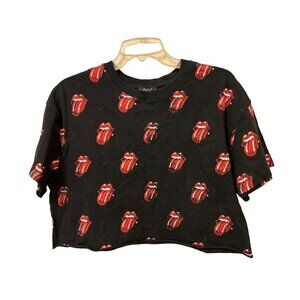 Women's Med Rolling Stones Tong Pattern Crop Top Black